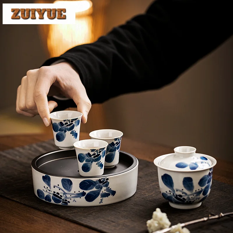 110ml Hand-painted Persimmon Gaiwan Blue and White Pot Bearing Holder Tea Tureen Japanese Tea Maker Cover Bowl Tea Services Gift