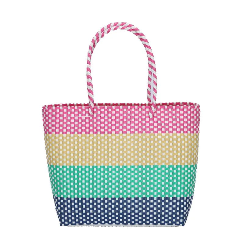 2022 Handmade Weaving Bag Vegetable Basket Shopper Large Capacity Fashion Color Clash Tote Women\'s Bag Beach Bag Shoulder Bag