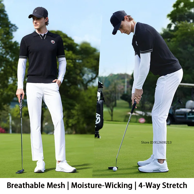 PGM Men Golf Short Sleeved T-shirt Summer Breathable Knitted Polo Shirts Elastic V-neck Lapel Sports Top Leisure Golf Clothing