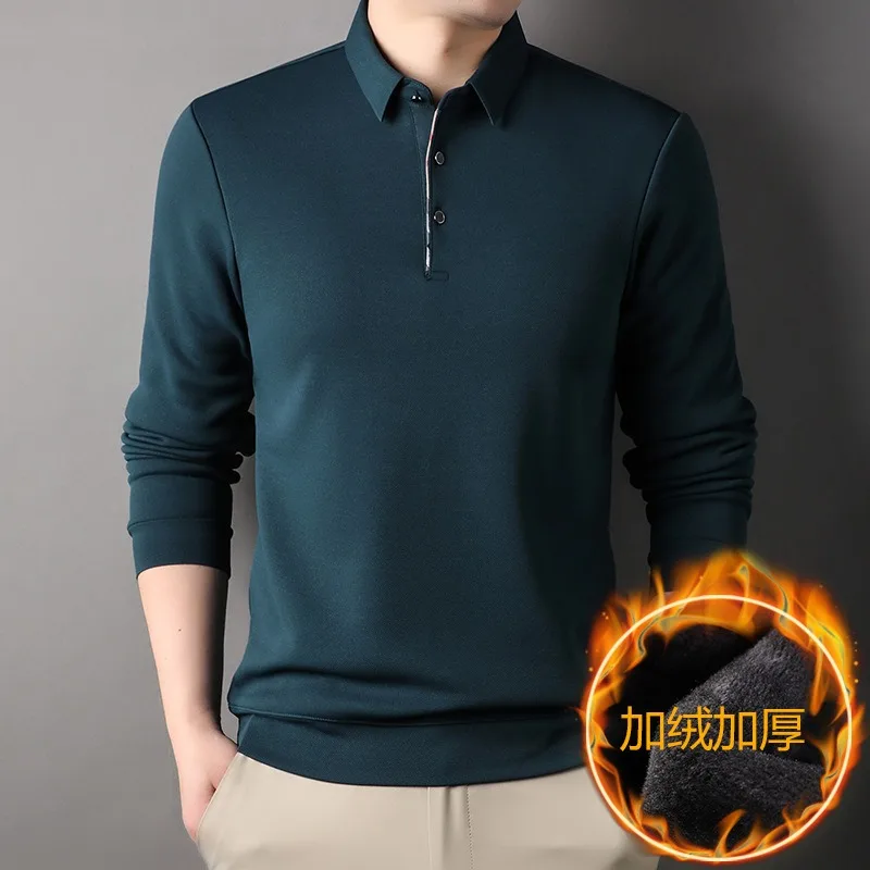 Men Fake Two Pieces Polo Shirts with Fleece Warm Winter Wear Casual Business Long Sleeve T-shirts Autumn Clothing for Wholesales