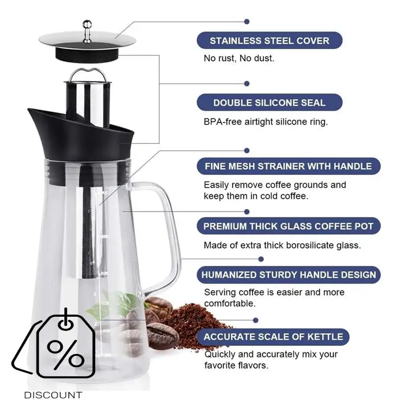 ABBN-Eiskaffeemaschine, Kaltbrüh-Teekrug, langlebiges Glas und luftdichter Deckel, Kaffeekanne, 1,2 l
