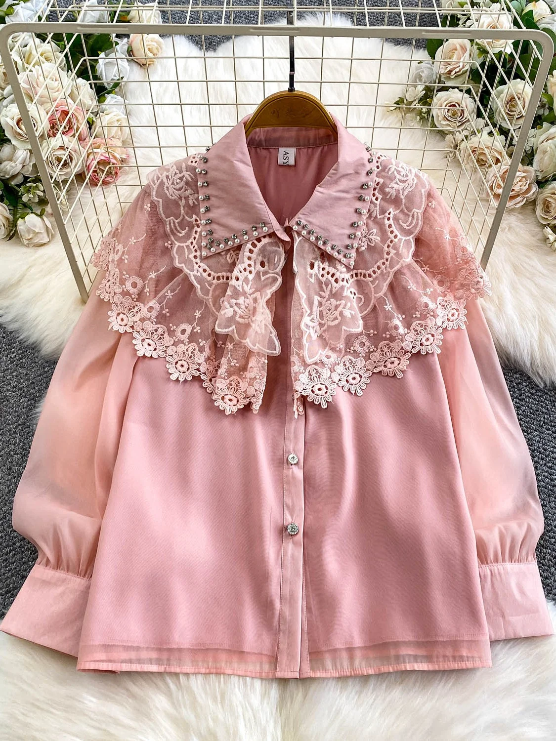 Kardigan damski z koronkowymi wstawkami, zdobiony diamentami, bogato zdobiony, z kołnierzykiem irt, luźny krój, długi rękaw, na jesień i zimę.