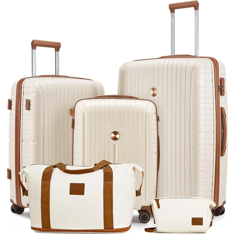 Juegos de equipaje Juego de maletas de 5 piezas, juego de maletas de mano con cáscara dura de PP, maletas de viaje con ruedas giratorias dobles y cerradura TSA