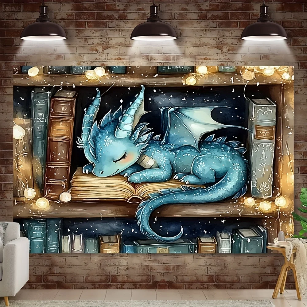 Magical Winter Dragon Wall Tapestry for Cozy Living Room Decor, Featuring an Adorable Blue Dragon Nestled on a Stack