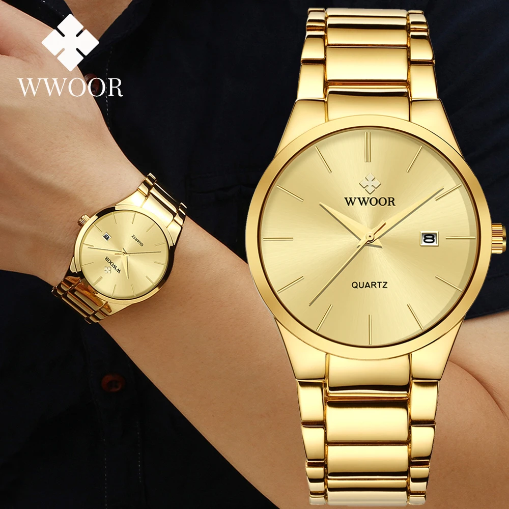 WWOOR-reloj dorado de lujo para hombre, pulsera de cuarzo minimalista, de acero inoxidable, resistente al agua, Masculino