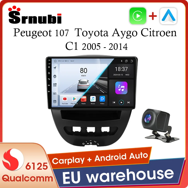 Système multimédia vidéo Carplay Android Auto pour Peugeot 107 Toyota Aygo Citroën C1 2005 - 2014, compatible avec le contrôle du volant, puce 8 cœurs, WIFI 5 GHz, navigation GPS, MirrorLink avec ventilateur de refroidissement intégré, écran QLED, Plug and Play, systèmes intelligents pour voiture