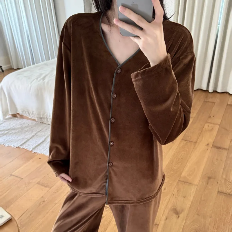 

Korean Style Women's V-Neck Pajama Set Long Sleeve Winter Warm Sleepwear Cozy Autumn Loungewear Homewear New Model Leisure Suit