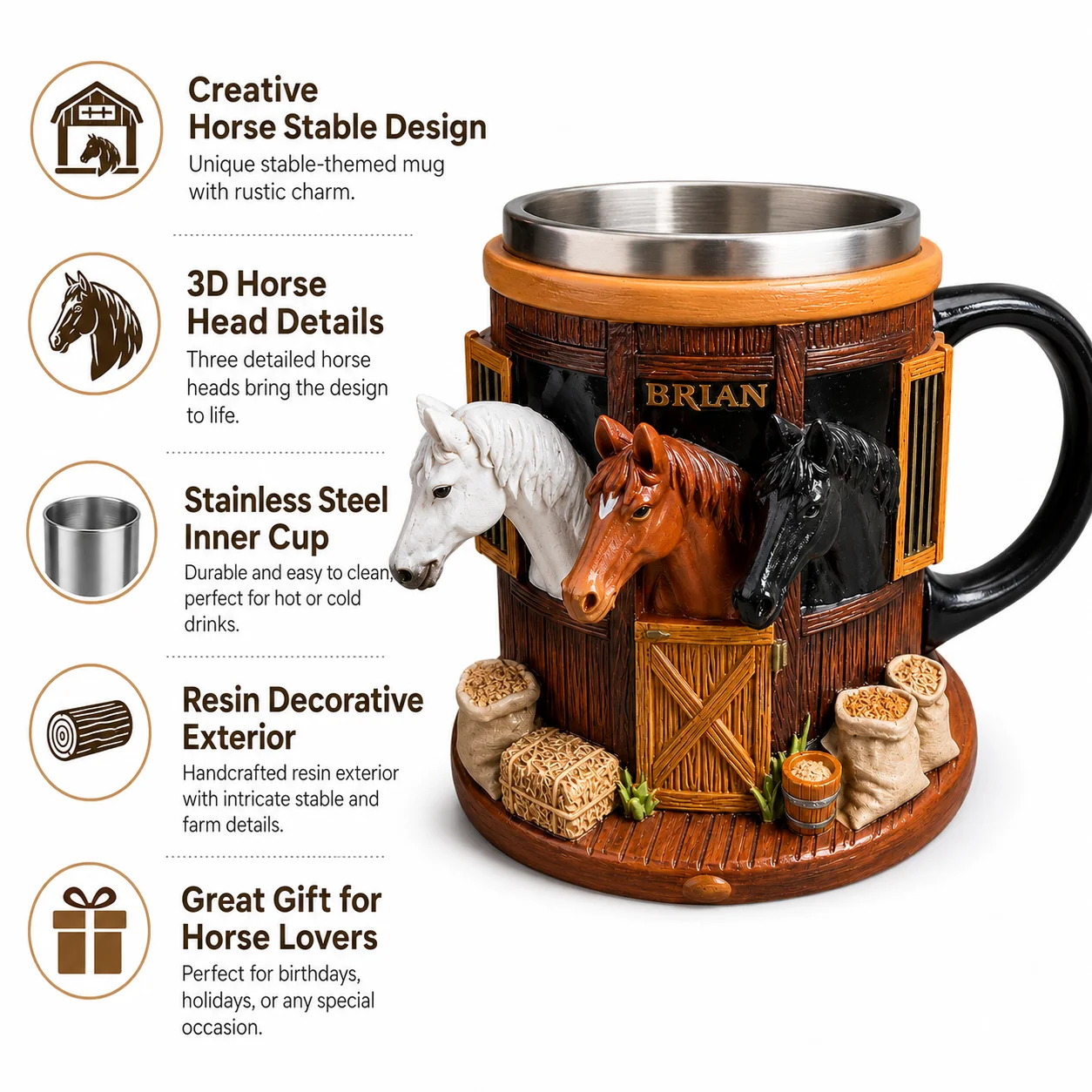 3D Horse Stable Resin Mug with Stainless Steel Liner, Creative Farmhouse Beer Cup for Horse Lovers and Home Bar Decor