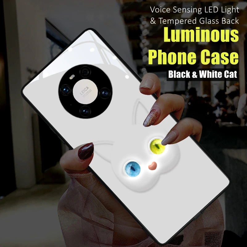 

Couples Friends Cat LED Light Glowing Luminous Tempered Glass Back Phone Case for iPhone 15 12 13 14 X Xs Xr Mini Pro Max Plus