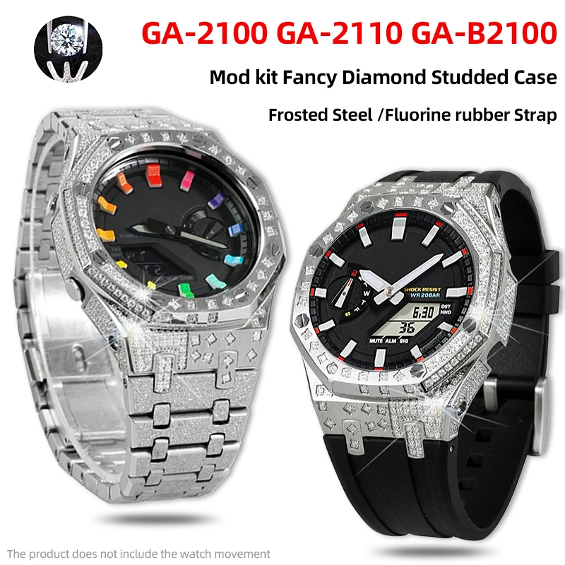 GA2100 Luxury Diamonds Inlaid Case Mod Kit For G-ShOCK Casio GA-2100 GA-2110 Steel Bezel Fluorine Rubber Watch Band DIY Modified