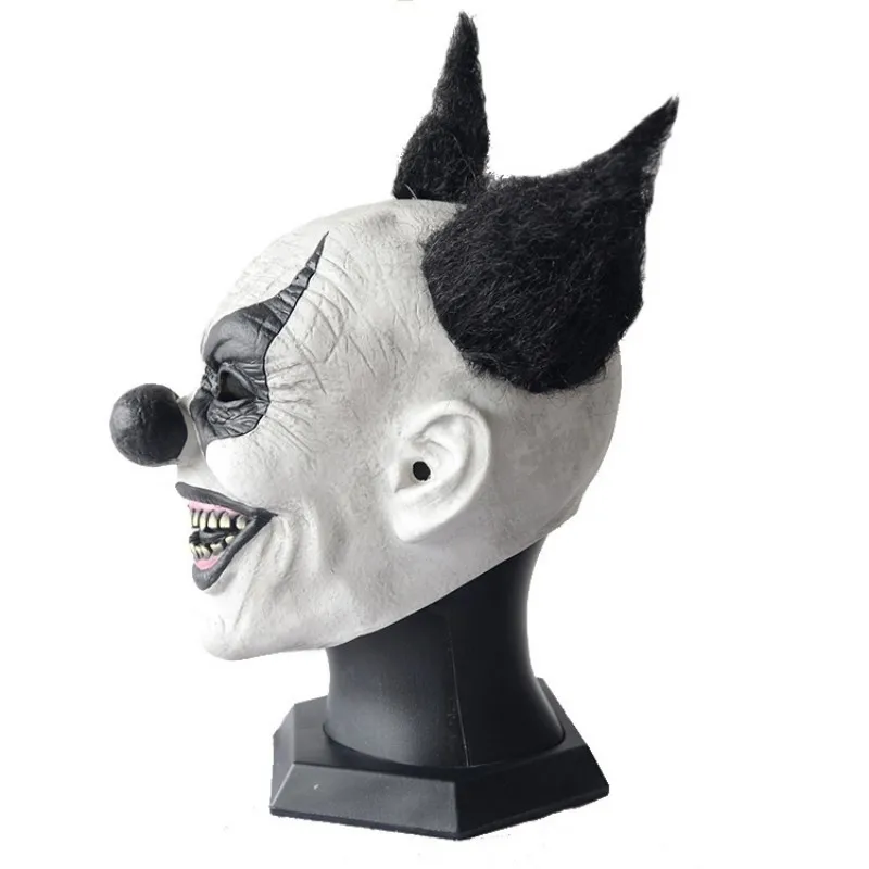 Dark Knight Horn Clown Mask Decoration Halloween Scary Demon Clown Mask Cosplay Haunted House Adult Black Hair Latex Fun Mask