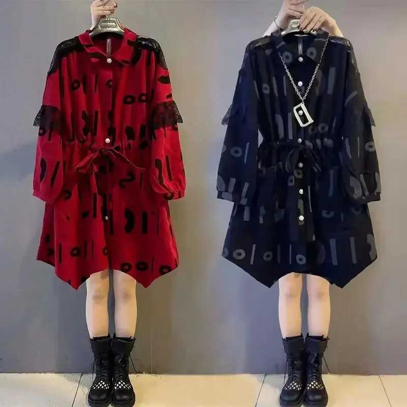 

Spring Autumn Female Clothing Casual Lapel Lace Spliced Korean Irregular Hem Blouse Stylish Printed Drawstring Shirring Shirt