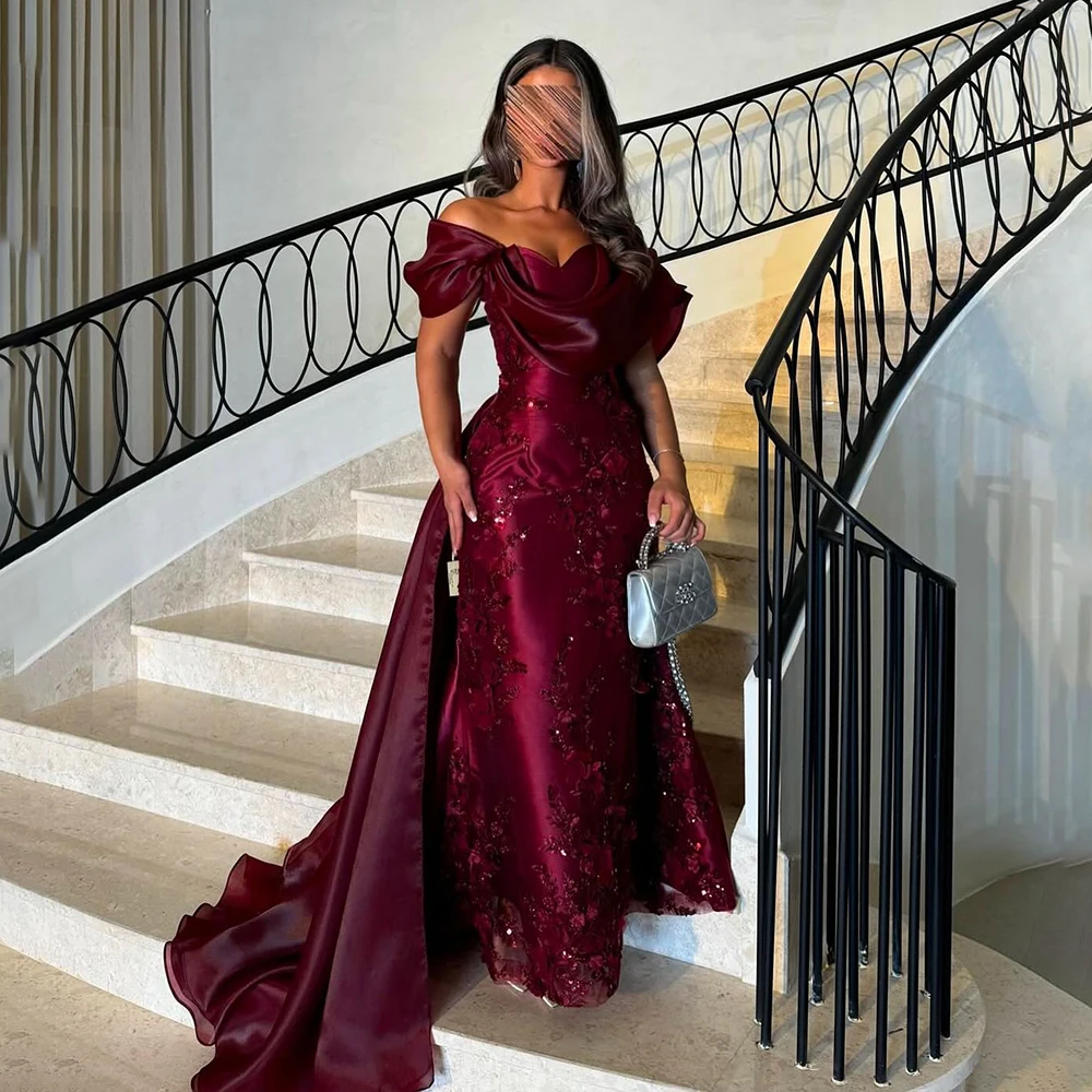 Feito sob encomenda glitter fora do ombro 3d floral renda bainha noite gwon plissado sem costas nupcial longo vestido de festa de baile com trem