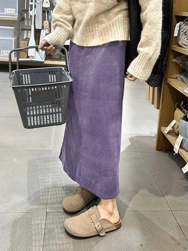 

Retro Corduroy A-Line Skirt Women's Autumn Winter New Design Elastic Waist Back Split Skirts Korean Style Commute