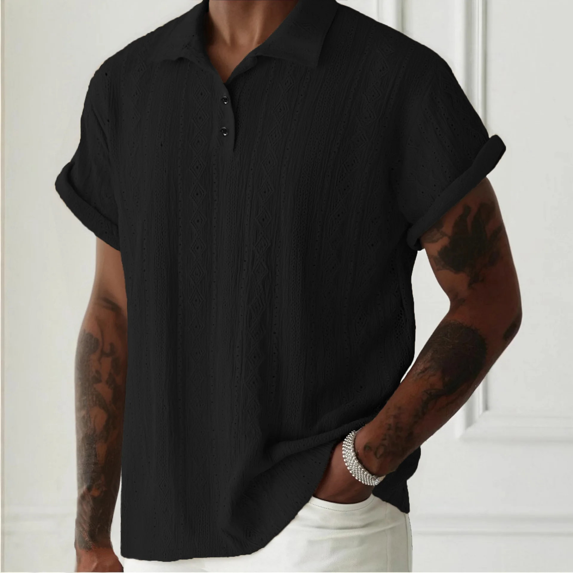 세련된 자카드 텍스처 남성 폴로 셔츠 여름 빈티지 버튼 - Men'S Fashion Polo Shirt 리뷰 및 가격