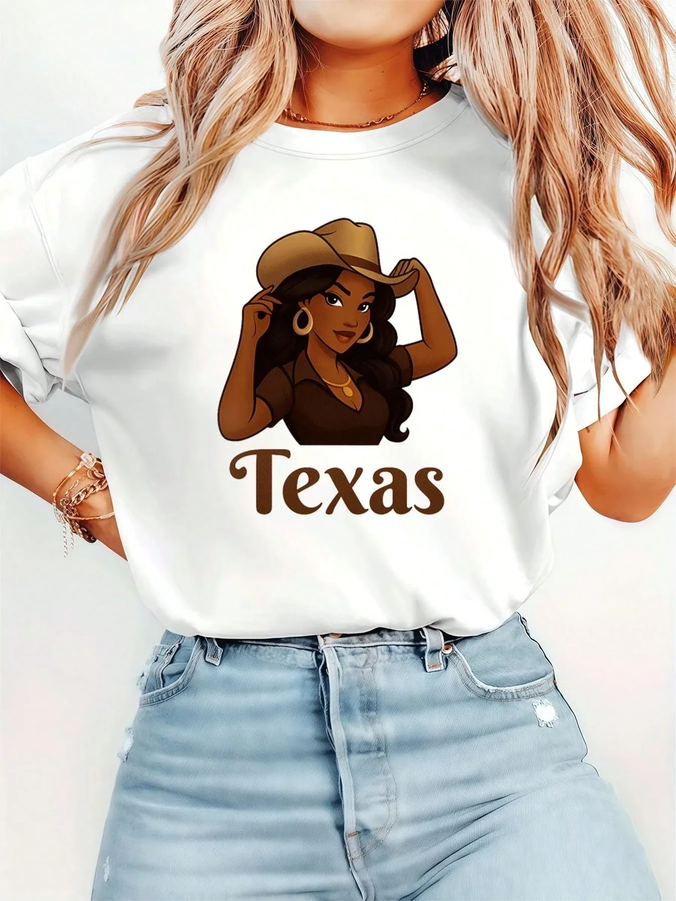 New Denim Pattern Casual Women's T-shirt Casual Round Neck 2026 Summer Outdoor Casual Short-sleeved Top Versatile Y2k Style