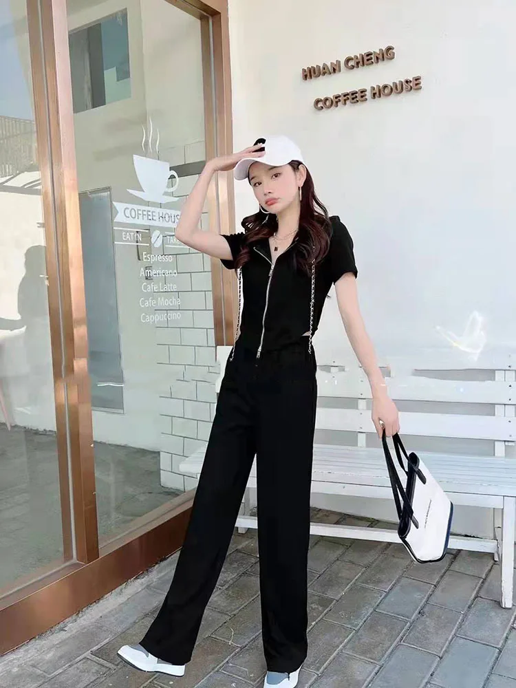 

Spor Casual Women's Set Autumn 2025 New Double Zipper Hooded Cardigan High Waist Wide Leg Pants Two Piece Set Faionable E...