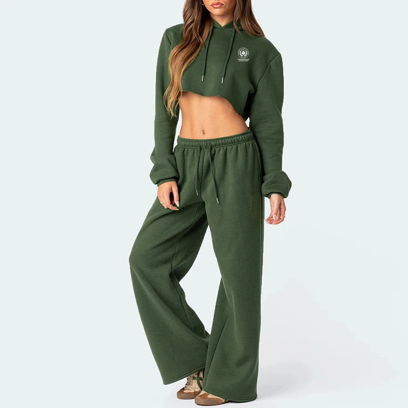 

Casual Streetwear Women's Cotton Suit Cool Cropped Hoodie + Loose Elastic Waist Drawstring Straight Pants Sports Two-Piece Set