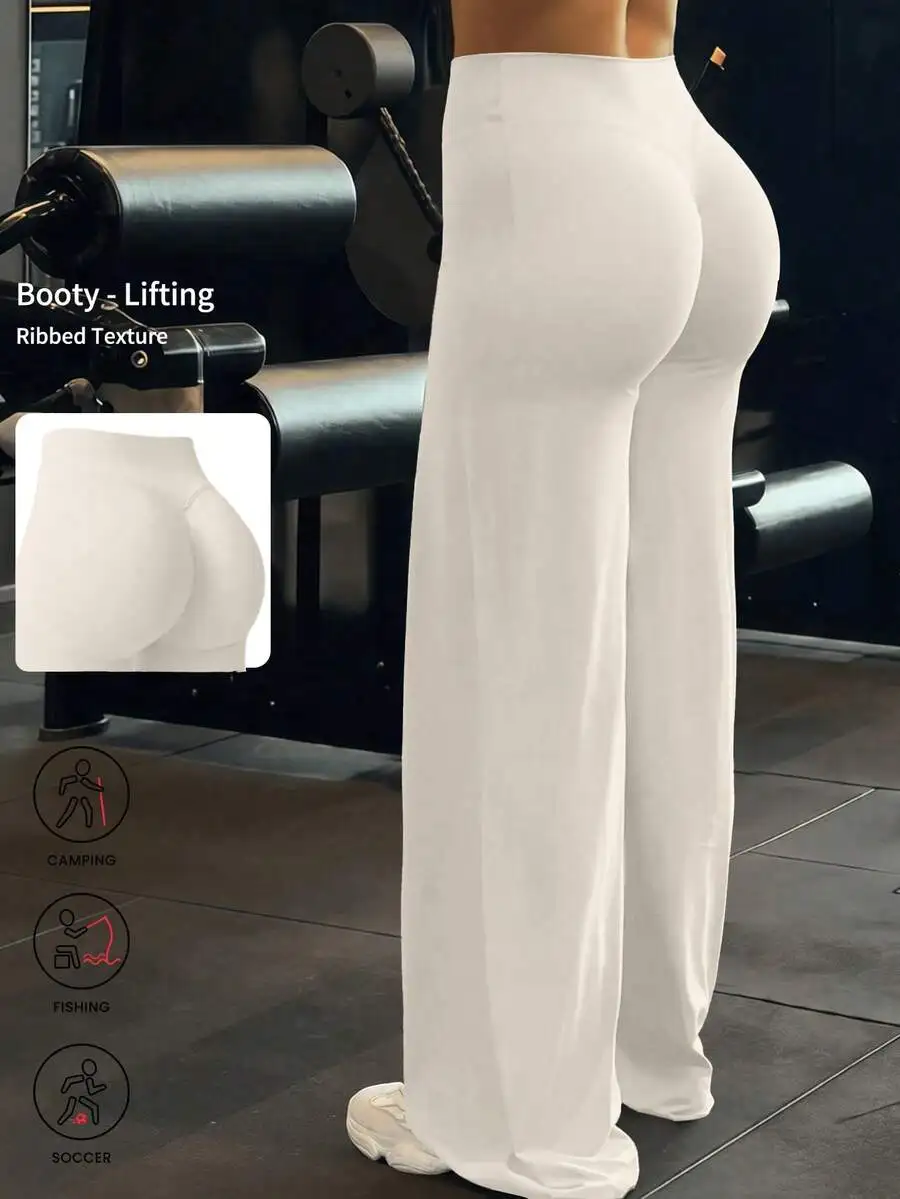 

Solid Color Yoga Wide Leg Pants With Booty Lifting Ribbed Texture For Fitness Running
