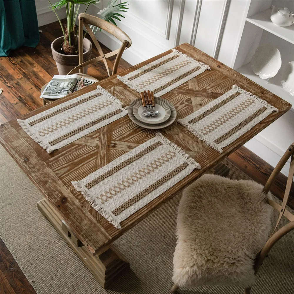 Nordic Woven Hollow Placemat For Dining Table Mat Handmade Jute Retro Cotton Linen Tableware Plates Household Hotel Decorations