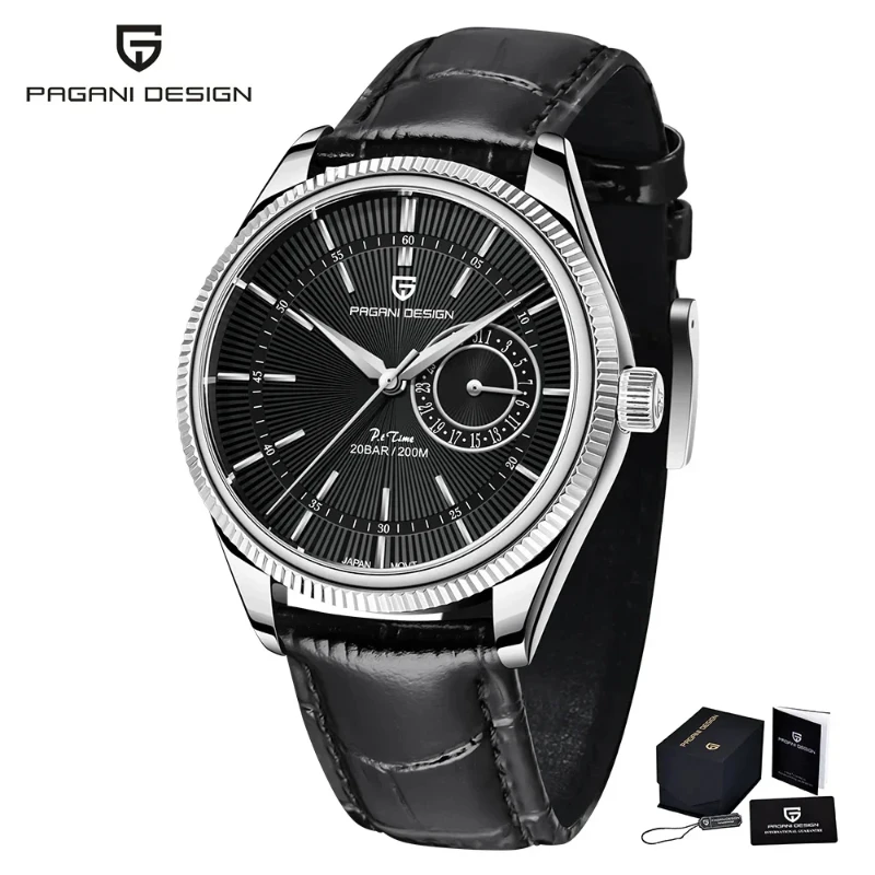 PAGANI DESIGN PD-1689 Men's Quartz Watch Fluted Silver Bezel Black Sunburst Dial Power Reserve Sub-dial
