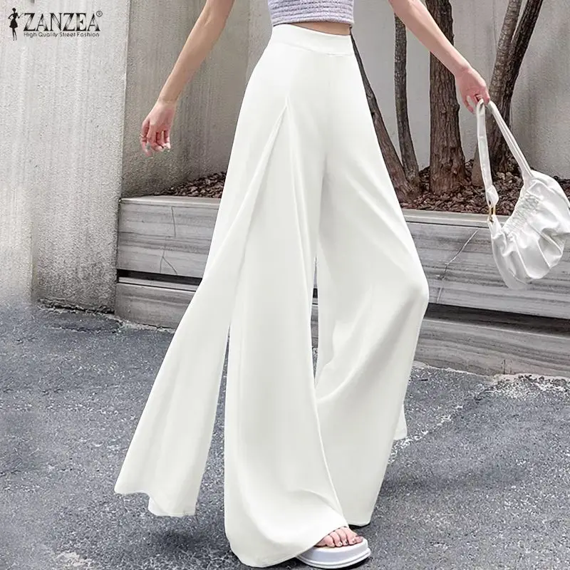 ZANZEA Stylish Splicing Trousers 2026 Summer Wide Leg Pants Women High Waist Baggy Pantalon Elegant Casual Solid OL Work Pants