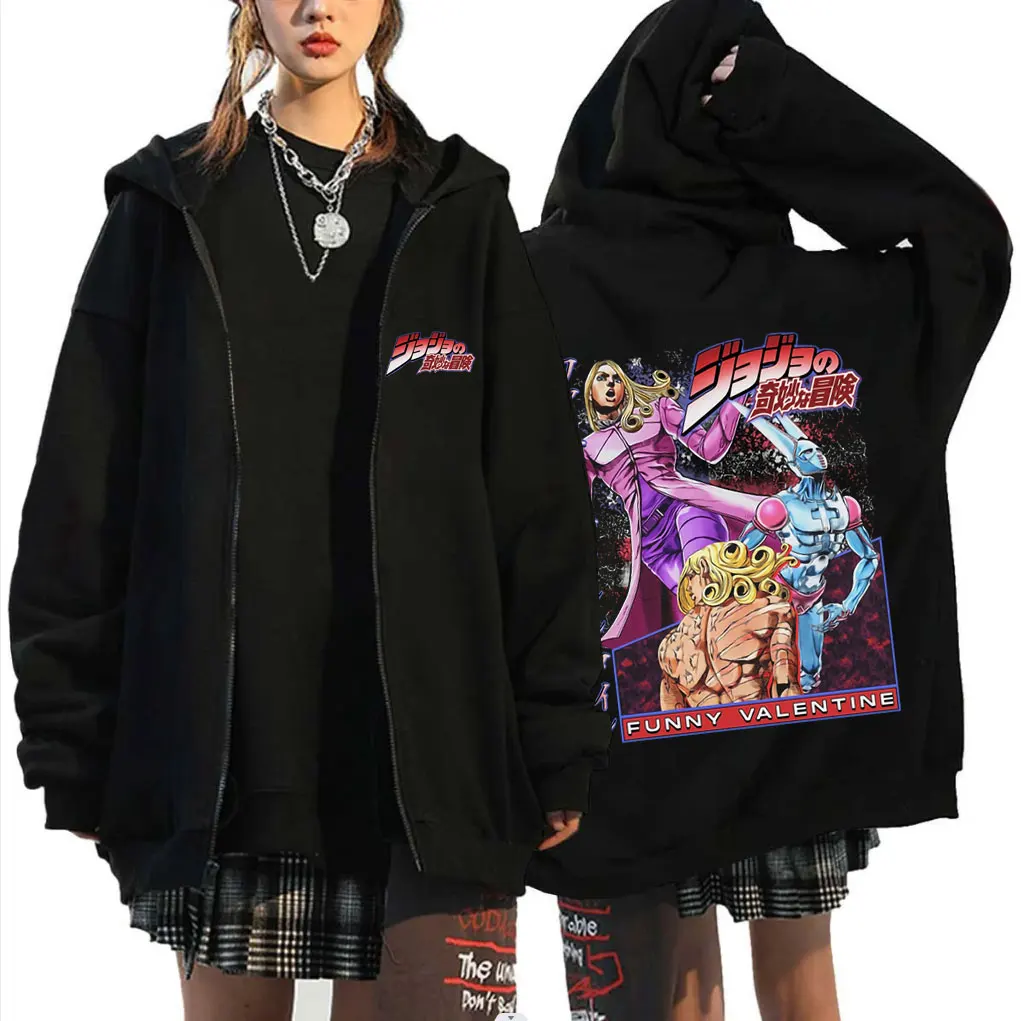 

Japanese Anime JoJo Bizarre Adventure Valentine Graphic Zipper Hoodie Men Women Casual Oversized Retro Zip Up Jacket Sweatshirt