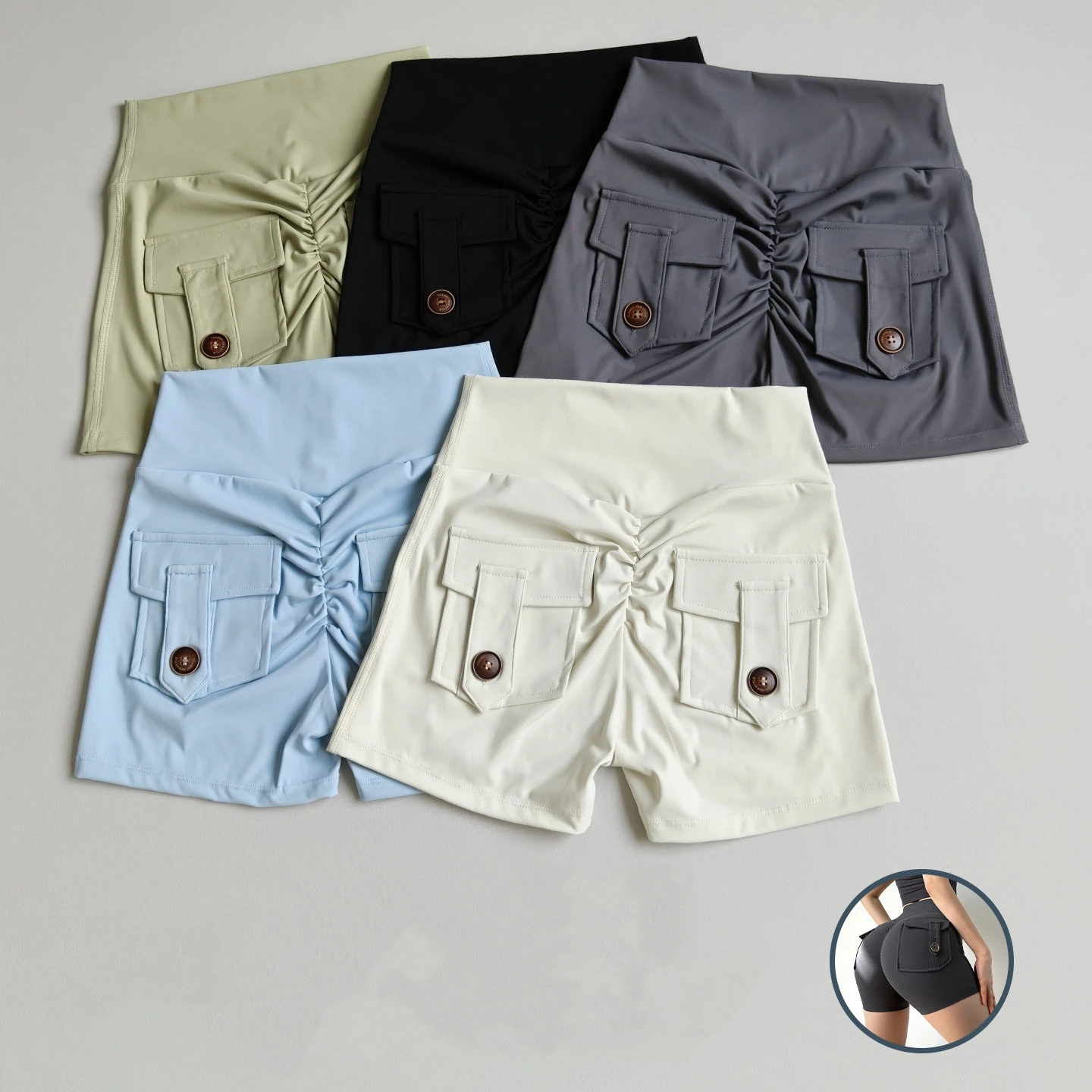 Pfirsichfarbene Dreiviertel-Sporthose mit Taschen, Po-Formende Enge Yoga-Shorts, Atmungsaktive Schnelltrocknende Fitness-Hotpants – Detail 2