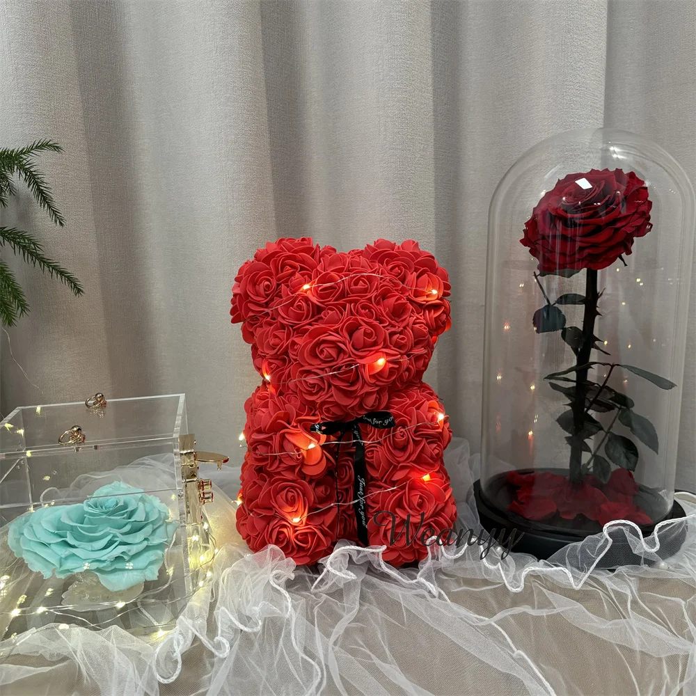 

25cm Rose Bear Valentine's Day Gift for Girlfriend and Wife Artificial Foam Flower Teddy Bear Mother's Day Birthday Wedding Home