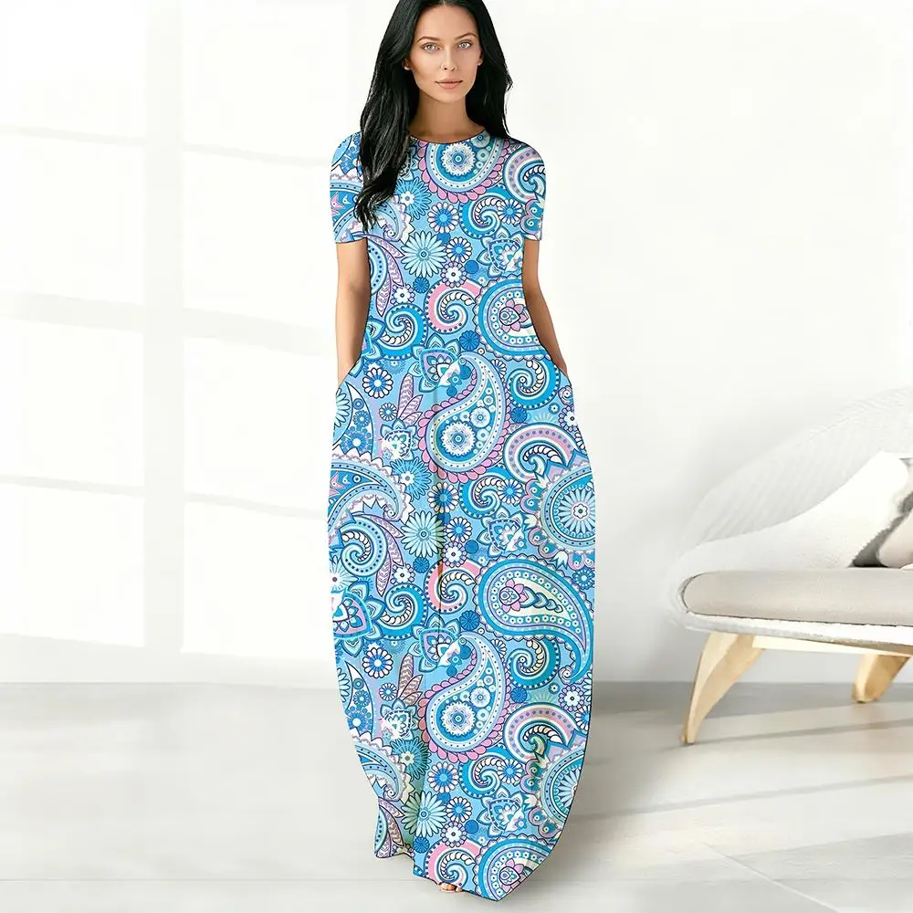 

New Bohemian Paisley Print Maxi Dress 2025 Fashionable Loose-fitting Round Neck Short-sleeve Dress Must-Have For Beach Parties