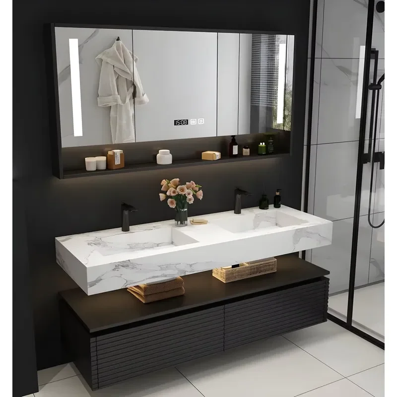Double Sink Basin 2 Layers Vanity Cabinet Hotel Center Wall Floating Bathroom Mirror Cabinet