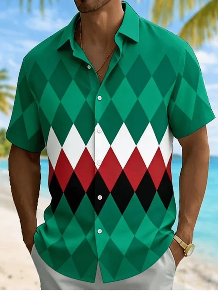 Hot Selling Men's Color Blocked Diamond Printed Short Sleeved Shirt Summer Casual Vacation Simple Shirt Loose Top