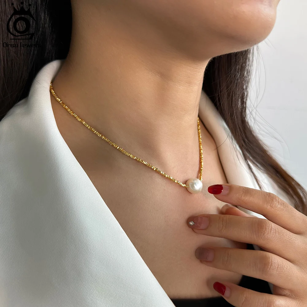 ORSA JEWELS Authentic 14K Gold Nugget Chain Necklace with 11mm Natural Freshwater Pearl Pendant for Women Handmade Jewelry GPN36