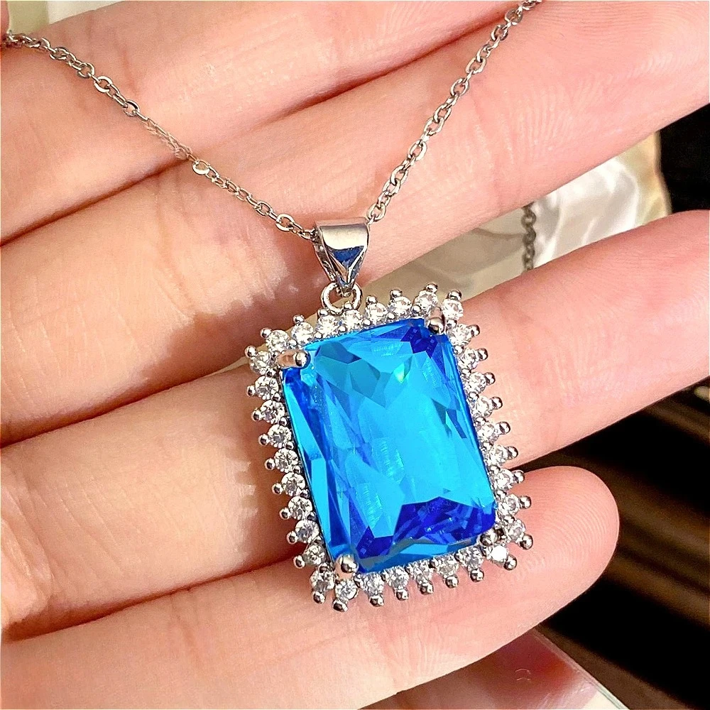 Exquisite 925 sterling silver sapphire pendant necklace, aquamarine crystal necklace, large square blue crystal pendant