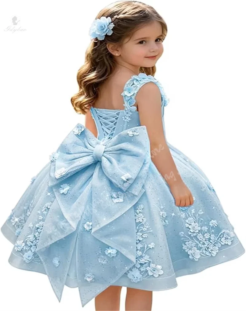 Luxury 3D Floral Bow Flower Girl Dress for Weddings and Parties
