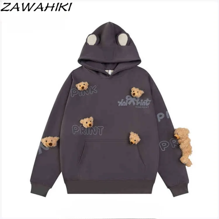 Sweats à capuche doux pour femmes avec poignées amovibles, sweat-shirt petit ours pour femmes, pulls College Kawaii, dame de bureau, décontracté