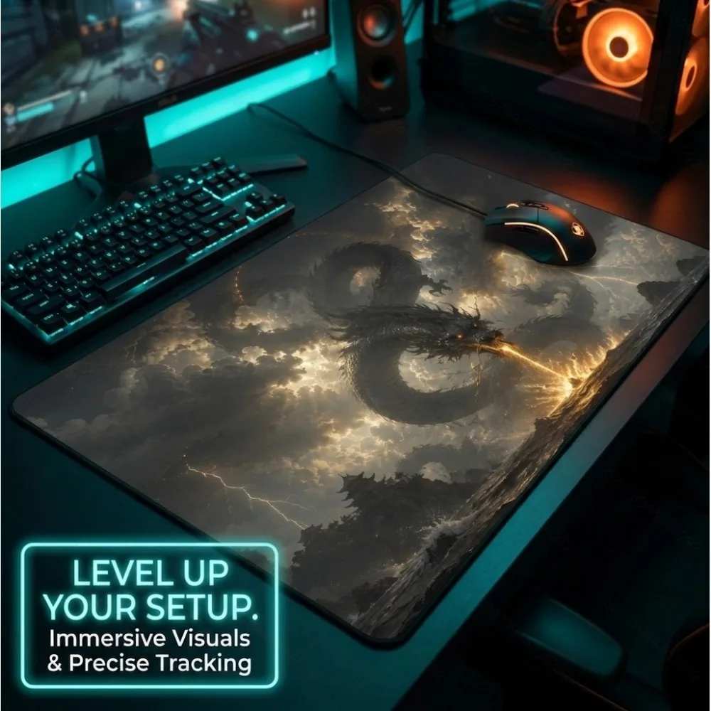 Epic-level dragon-tornado thunderstorm design. Anti-slip rubber base suitable for computer gamers pc accessories tapis de souris