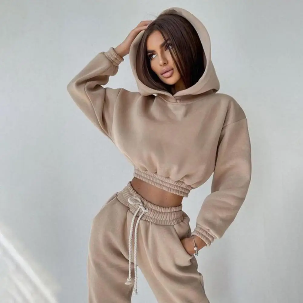 2 Pieces Female Suit Set Tracksuit Casual Sweatshirts Long Sleeve Hooded Tops with Pocket Pants for Spring Fall Autumn Women New