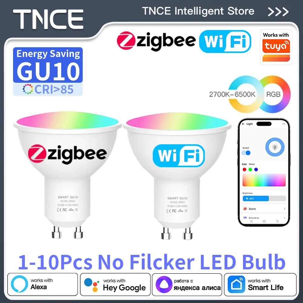 TNCE Tuya GU10 spots LED Bulb, WIFI or zigbee spotlight RGBC+W 2700-6500 Dimmable Lamp, Smart Life, Voice with Alexa Google home