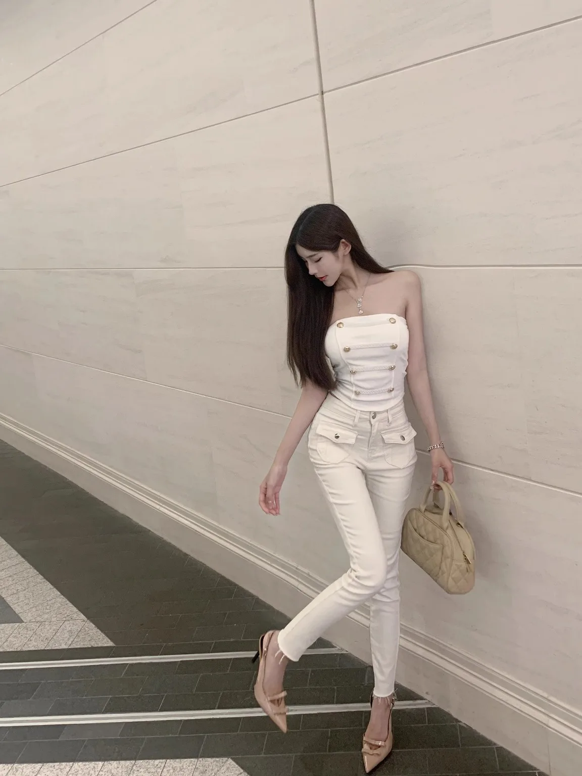 

Джинсы с высокой талией и облегающим кроем Luna 020: Новинка, выбеленные белые джинсовые брюки, популярные в интернете, модные женские брюки-карандаш