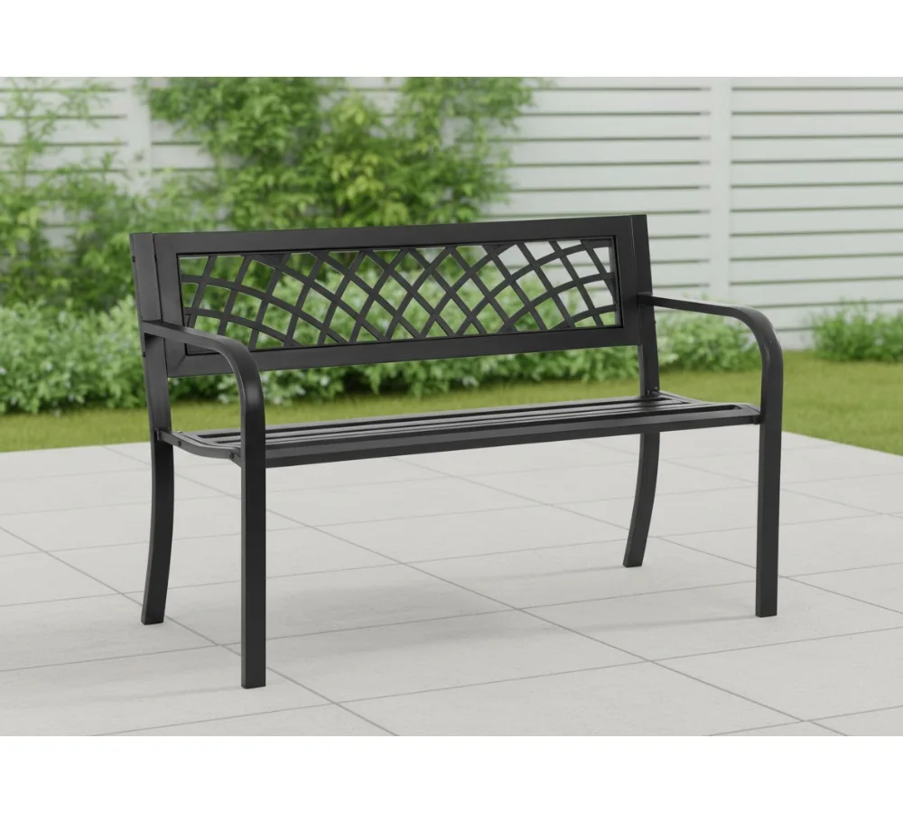 مقعد حديقة معدني قوي مع مسند ظهر بلاستيكي، أثاث فناء خارجي لمدخل الشرفة في الفناء، أسود #1