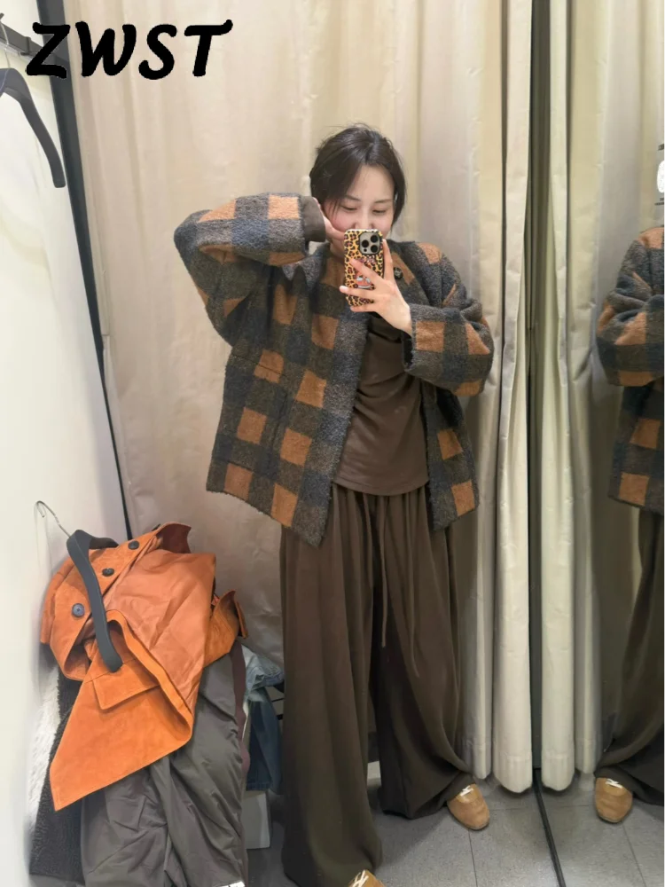 

Casual Knit Plaid Coats Women Full Sleeve Single Breasted O-neck Loose Sweater Coat Female 2025 Autumn Winter Lady Jacket