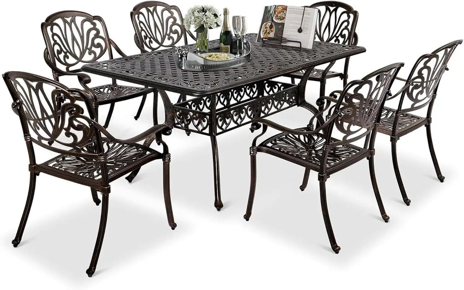 

7-Piece Outdoor Dining Set, Cast Aluminum Patio Furniture Set for 6 with Umbrella Hole, Rectangular Outdoor Dining Table