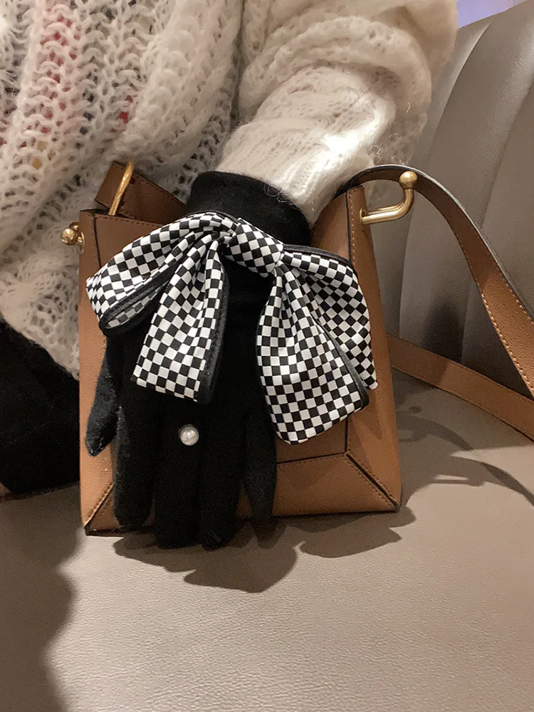 MPPM Cashmere Gloves Houndstooth Bow Pendant Ring Cashmere Gloves Fashion Korean Winter Warm Sports Touch Screen Gloves