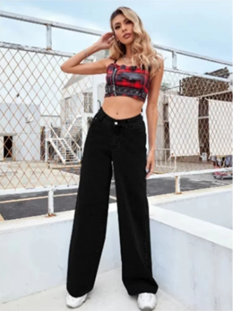 Black Jeans Pants Women's Solid Color Pants High Waisted Pocket Street Fashion Daily Autumn Straight Leg Pants