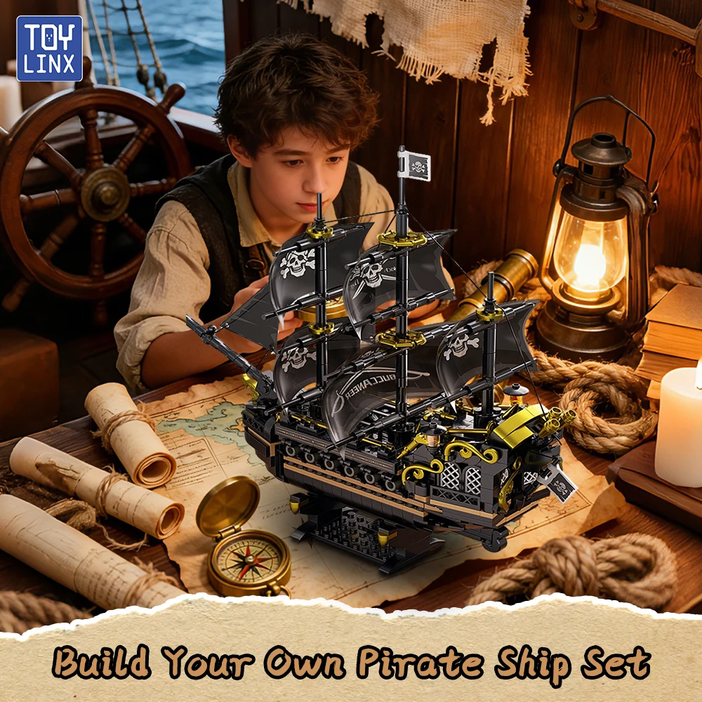 Modelo de Ladrillos de Barco Pirata Misterioso, Esquema de Color Negro y Dorado, Rompecabezas 3D, Barco Naval Coleccionable, Estimula la Creatividad y las Habilidades