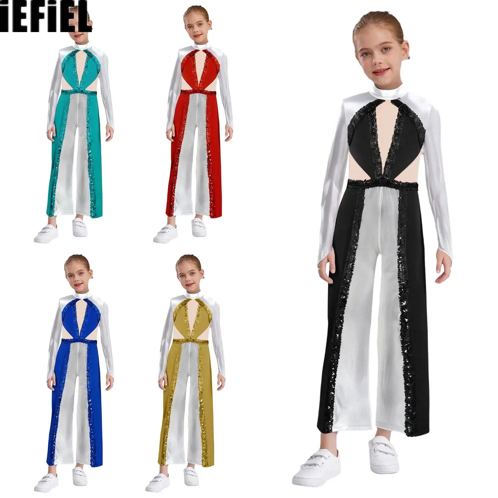 

Kids Girls Metallic Patchwork Dance Jumpsuit Color Block Dance Jumpsuit Mock Neck Long Sleeve Mesh Bodysuit