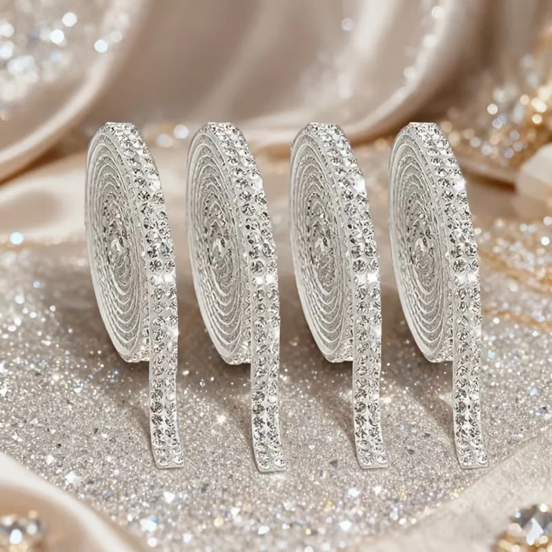 1PC Self-adhesive Rhinestone Ribbon Stickers, Featuring Shimmering Stripes, Diamond Crystal Designs, and Silvery Rhinestone Stri