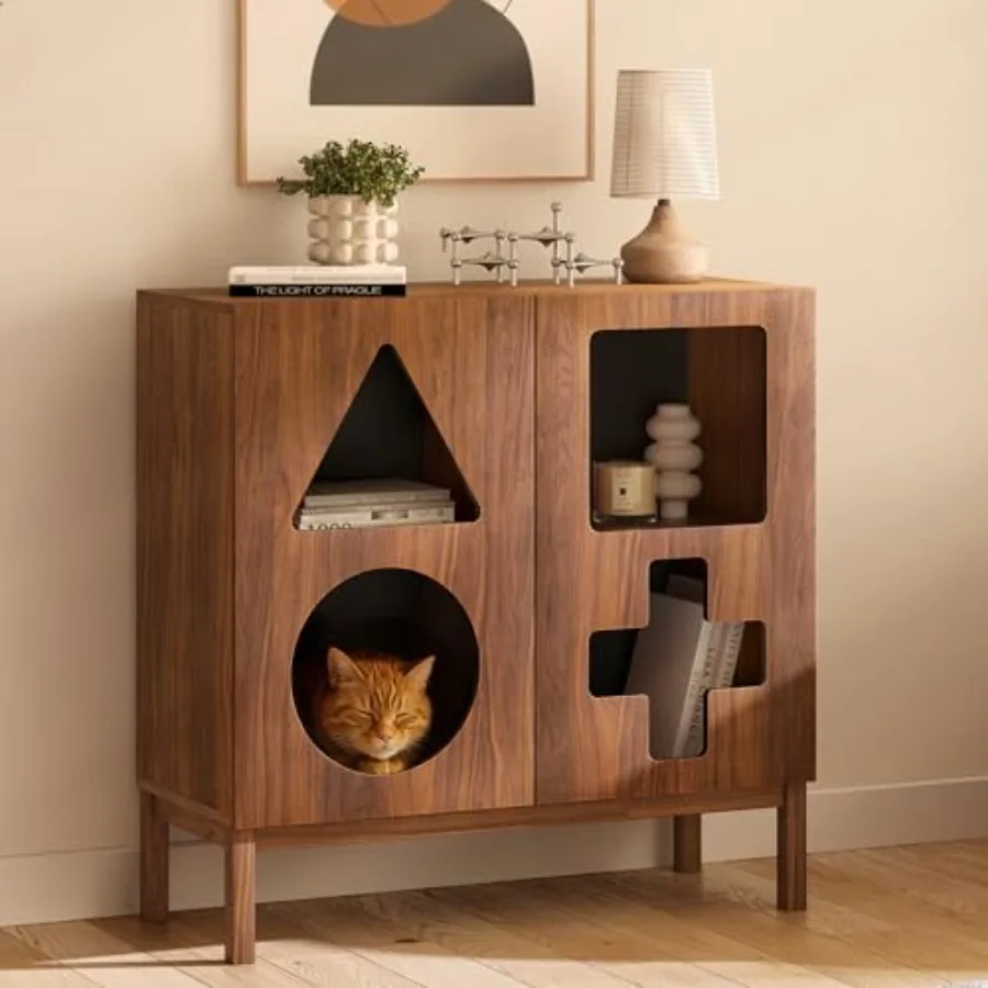 

Showcase Display Cabet with Geometric Cut-Out Doors - Modern Curio Cabet for Dg Room, Livg Room, Entryway. Trophy Case, Collect