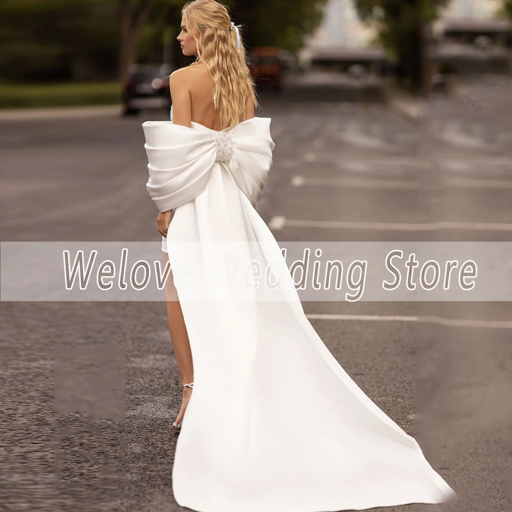 Moderne Kurze Hochzeit Kleid Für Braut Bogen Zug Schatz Neck Sleeveless Nach Mini Brautkleid Perle Weiß Vestido De Novia